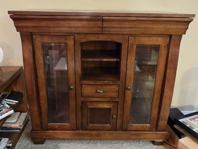 Wooden Buffet Server Cabinet with Granite Inlaid Top, Glass Cabinet Doors, and Pull-Out Drawers