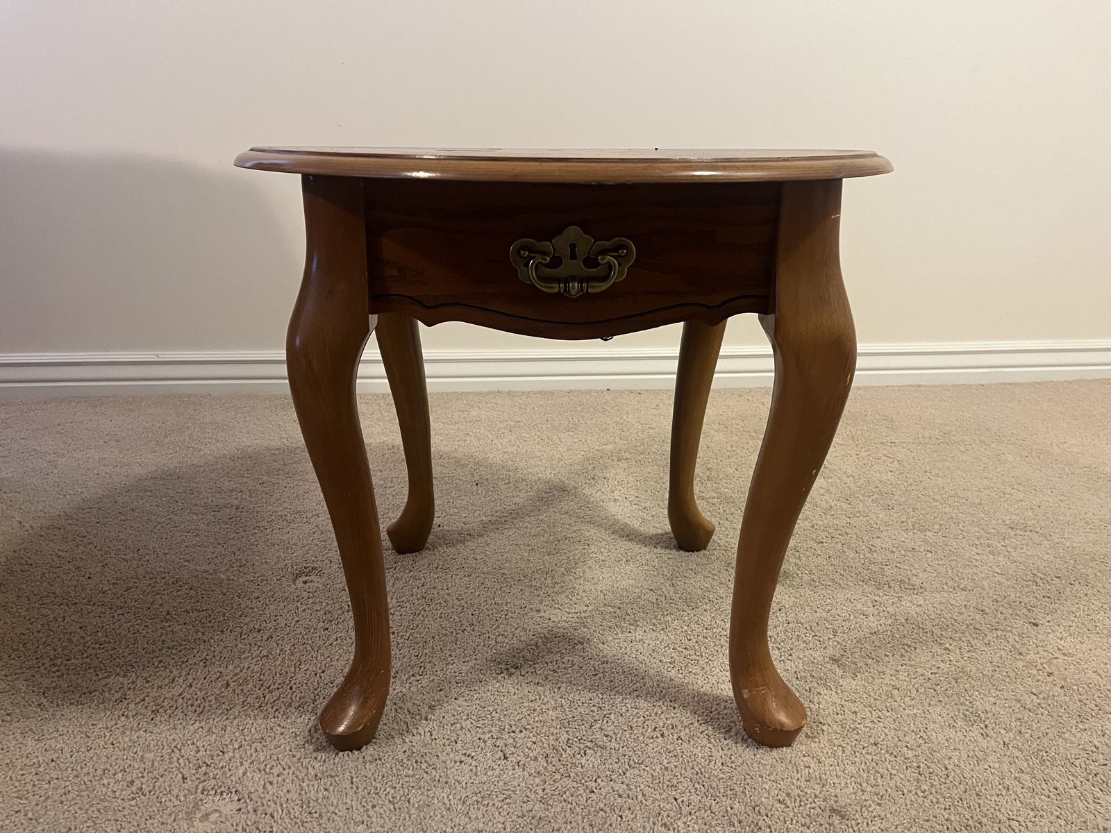 Vintage Wooden Round End Table with Single Drawer and Cabriole Legs