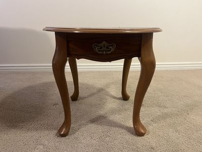 Vintage Wooden Round End Table with Single Drawer and Cabriole Legs