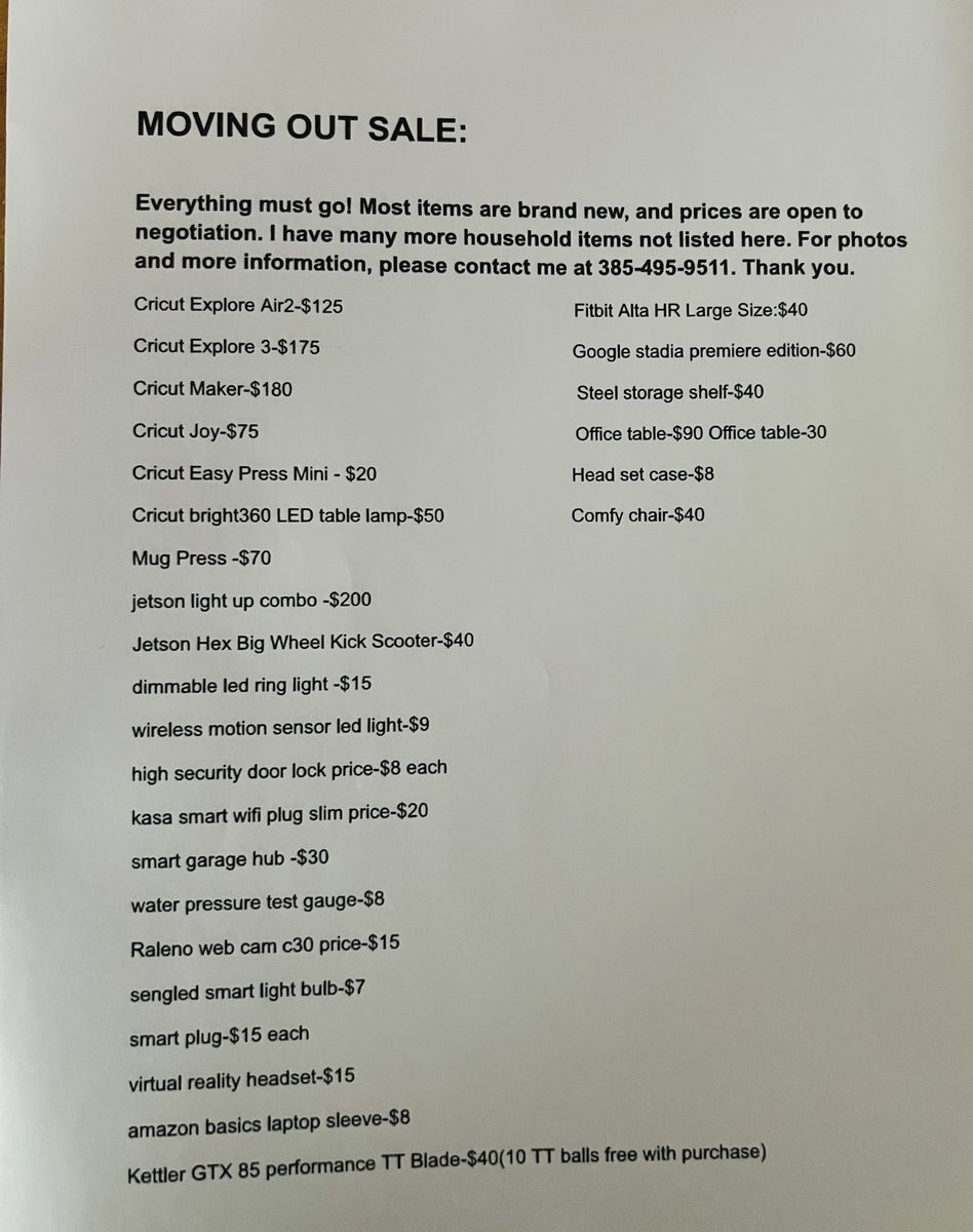MOVING OUT SALE