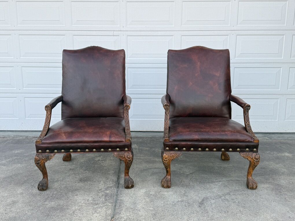 Pair, Made In England Hand Carved Chairs