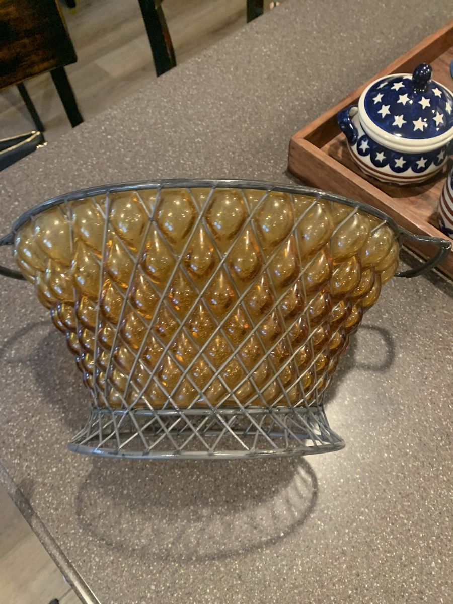 Vintage Amber Blown Glass Cage Basket Bowl with Metal Wire Frame Handles Decorative Centerpiece