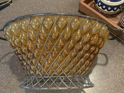 Vintage Amber Blown Glass Cage Basket Bowl with Metal Wire Frame Handles Decorative Centerpiece