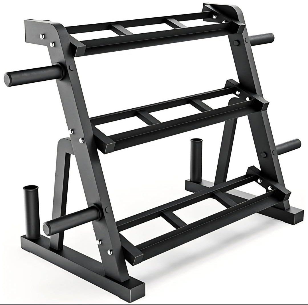 Synergee 3-Tier Dumbbell Storage Rack with 2 Barbell Holders and 4 Weight Plate Pegs, Featuring 2-Tier Dumbbell Storage and 3rd