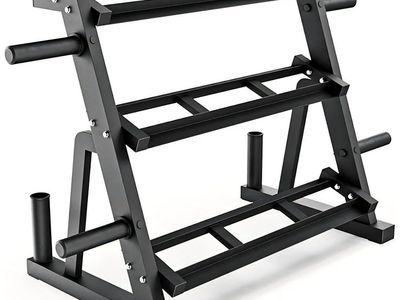 Synergee 3-Tier Dumbbell Storage Rack with 2 Barbell Holders and 4 Weight Plate Pegs, Featuring 2-Tier Dumbbell Storage and 3rd