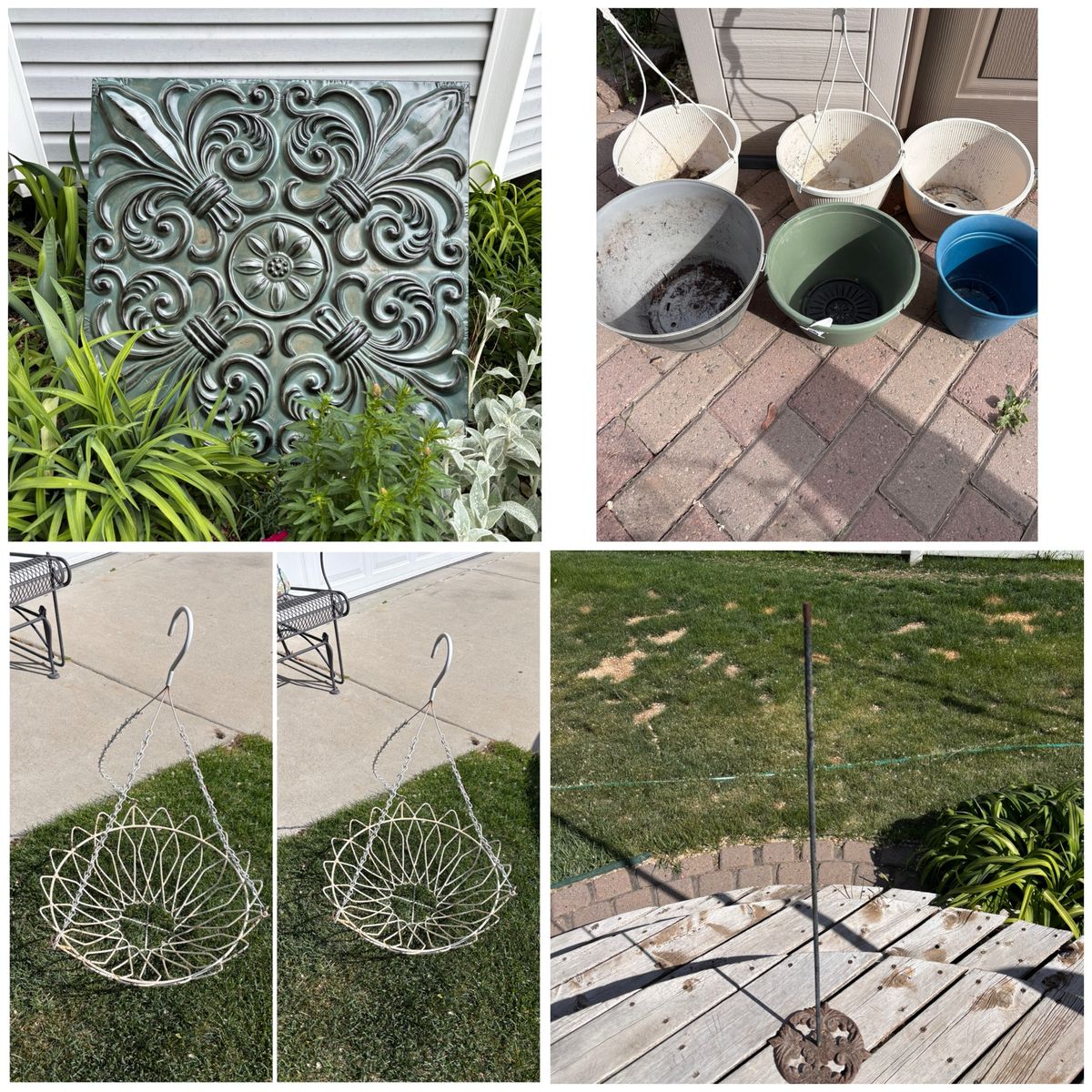 Assorted yard art, planters, flower stand