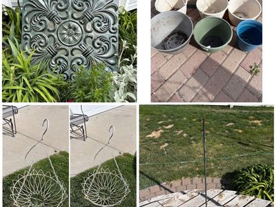 Assorted yard art, planters, flower stand