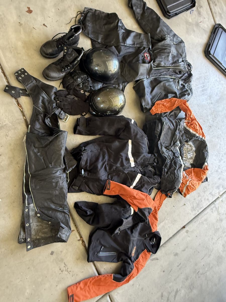 Harley-Davidson Motorcycle Gear Lot: 2 Jackets, HD Rain gear, leather Chaps, 2 Helmets, 2 Gloves & Boots - Men's XL and Ladies M