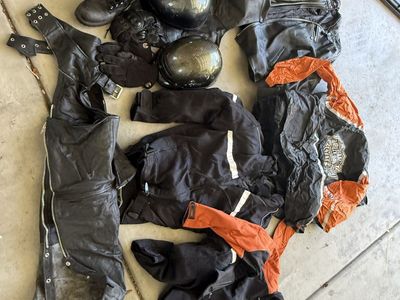 Harley-Davidson Motorcycle Gear Lot: 2 Jackets, HD Rain gear, leather Chaps, 2 Helmets, 2 Gloves & Boots - Men's XL and Ladies M