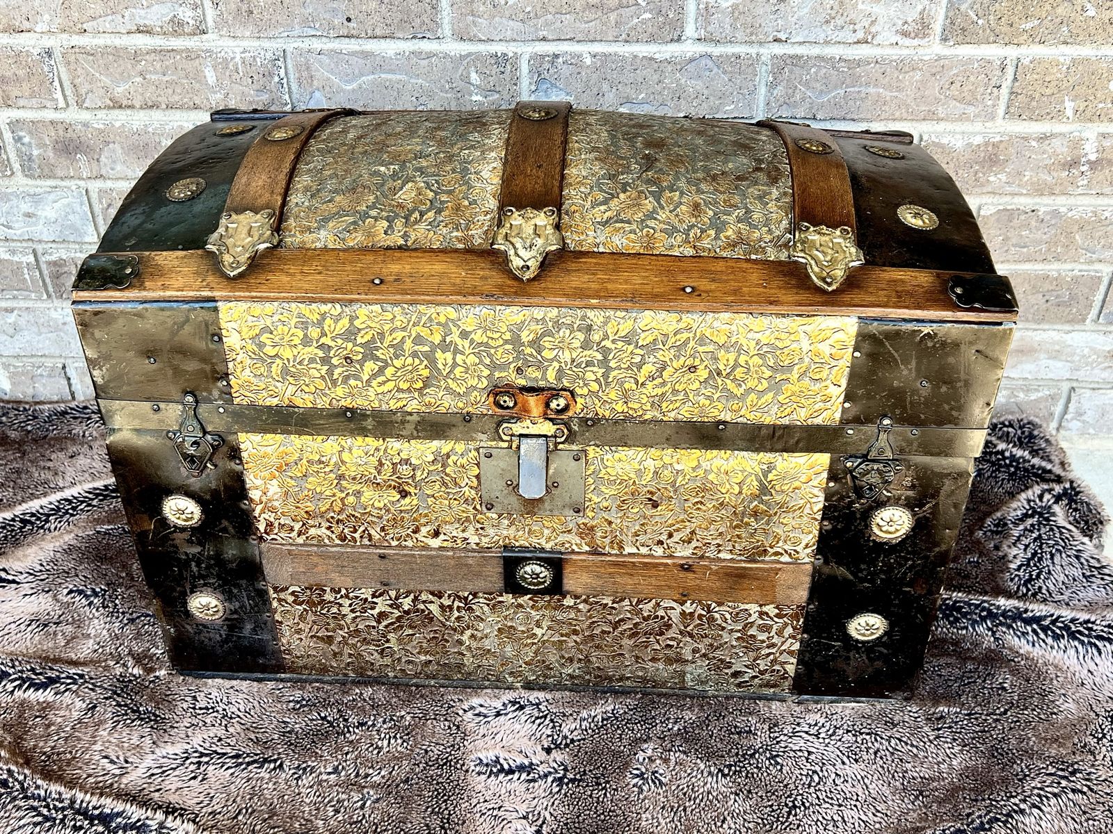 Antique Hulbert Bros. Dome-Top Steamer Trunk/ Chest - 1880s-1900s, Embossed Floral Metal & Brass Hardware
