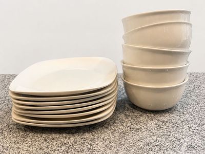 Cream Square Dinner Plates (Set of 8) & Bowls (Set of 5)