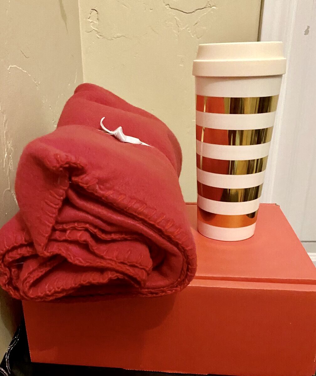 NEW - Red Throw Blanket PLUS Cream and Gold Striped Thermal Cup - Red Box Included - C PIX