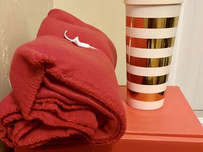 NEW - Red Throw Blanket PLUS Cream and Gold Striped Thermal Cup - Red Box Included - C PIX