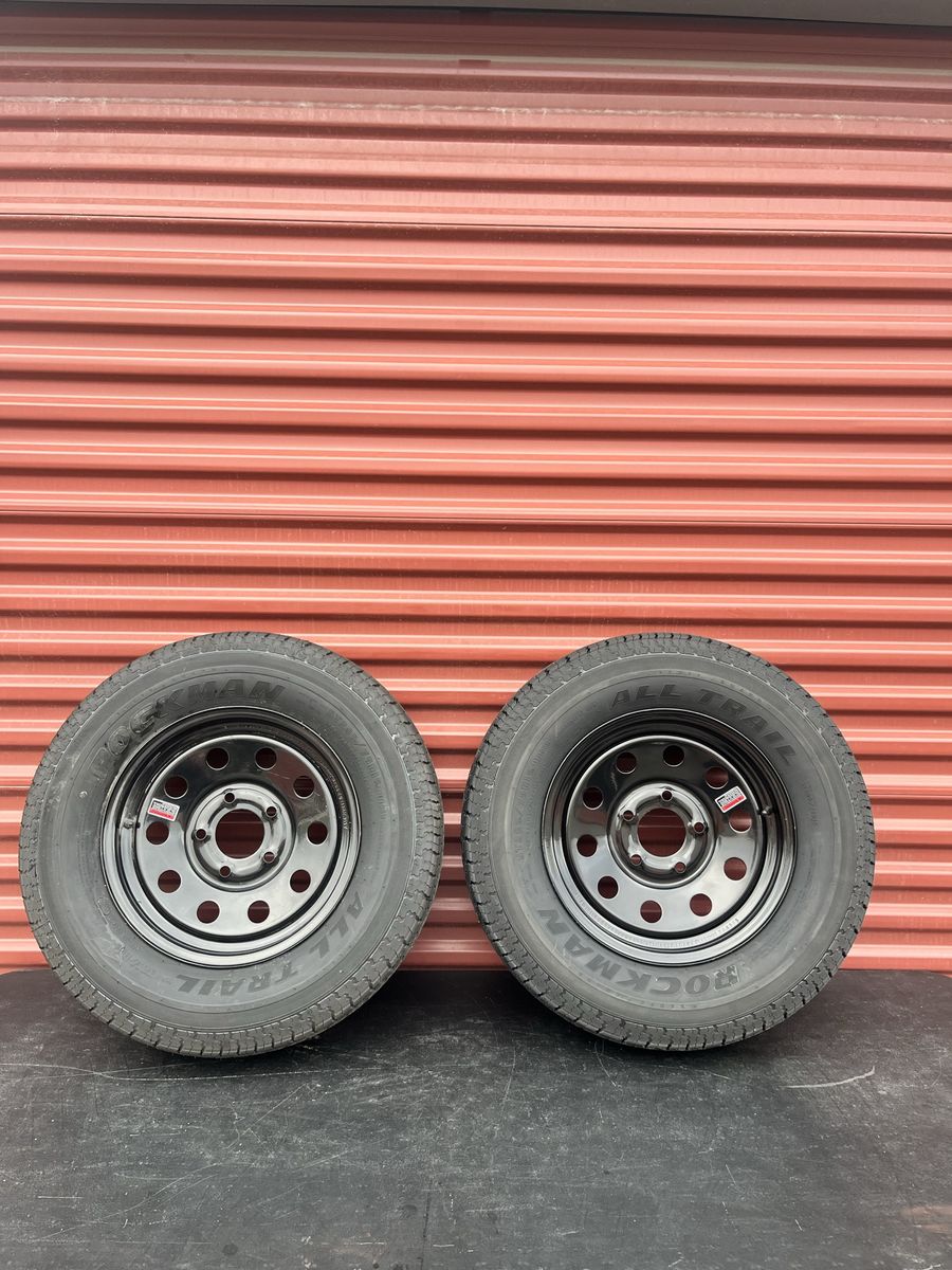 New Set of 2 Rockman ST 205/75 R 15 Trailer Tires Mounted on New Black Mod Wheels 10 Ply E load 5 on 5 Lug Pattern