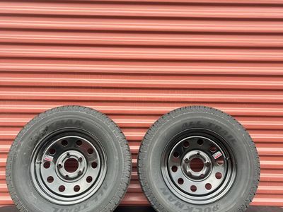 New Set of 2 Rockman ST 205/75 R 15 Trailer Tires Mounted on New Black Mod Wheels 10 Ply E load 5 on 5 Lug Pattern