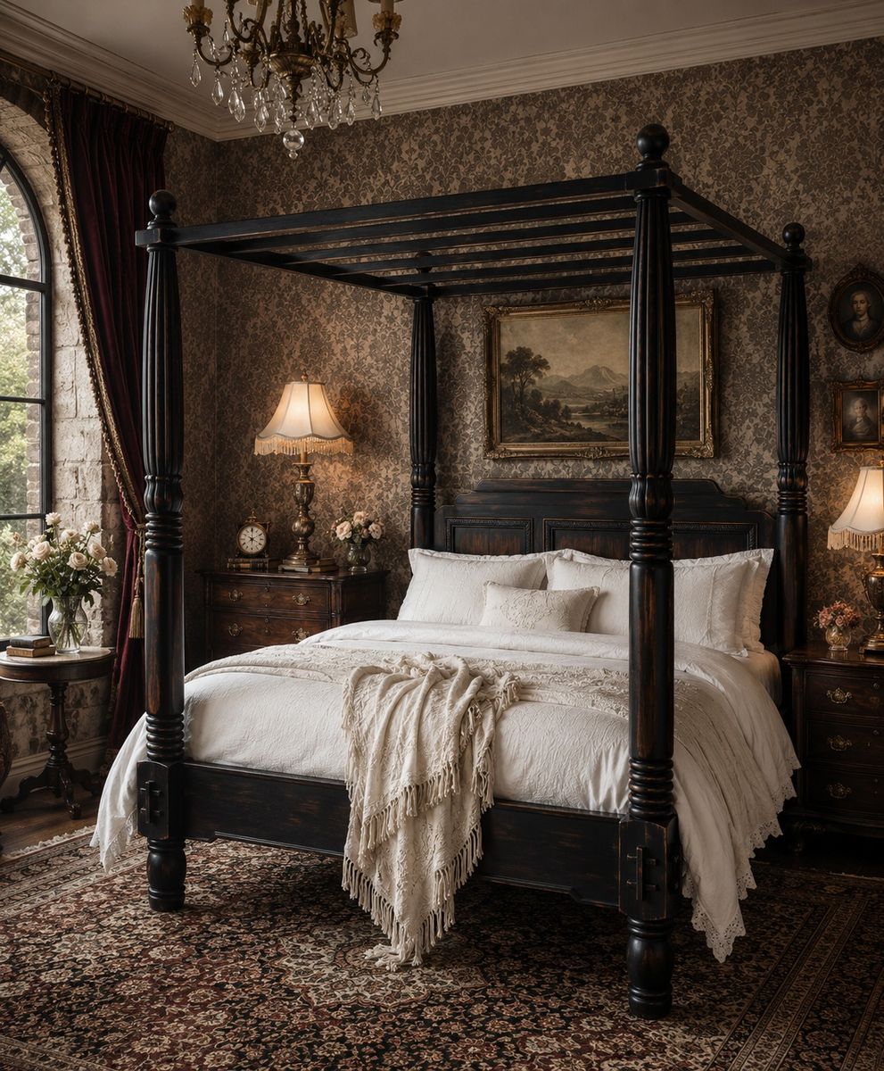 Bellissima Canopy King Bed Frame  4 Poster Black European Cottagecore Farmhouse Western French Country Gothic Academia