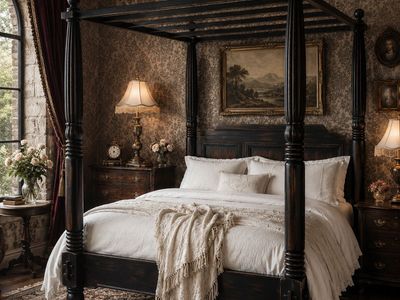 Bellissima Canopy King Bed Frame 4 Poster Black European Cottagecore Farmhouse Western French Country Gothic Academia
