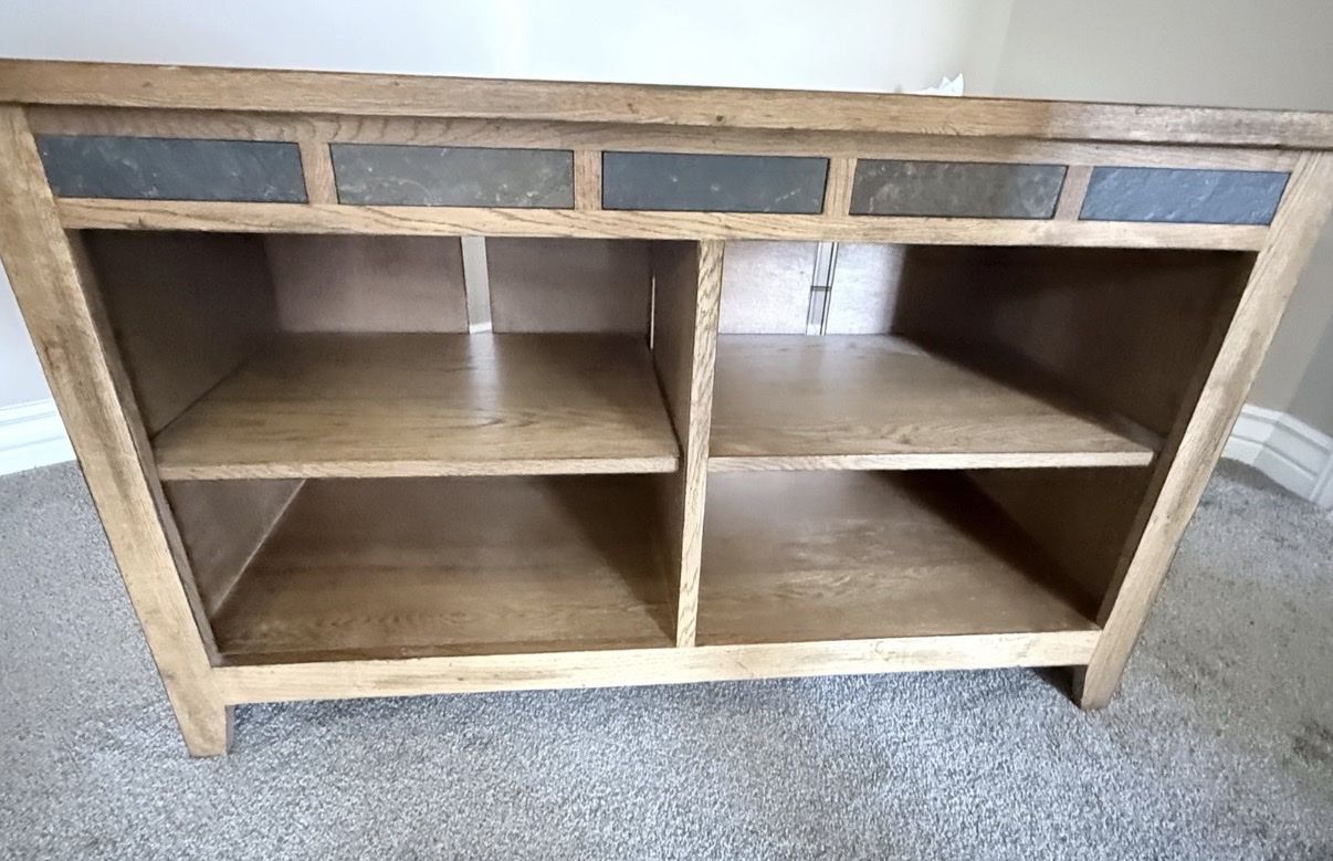 Wooden TV Stand Media Console with Open Shelves and Tile Accents