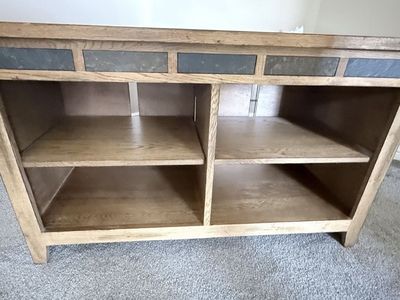 Wooden TV Stand Media Console with Open Shelves and Tile Accents