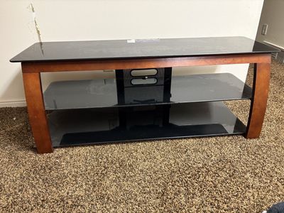 Wood and Black Glass TV Stand Entertainment Center