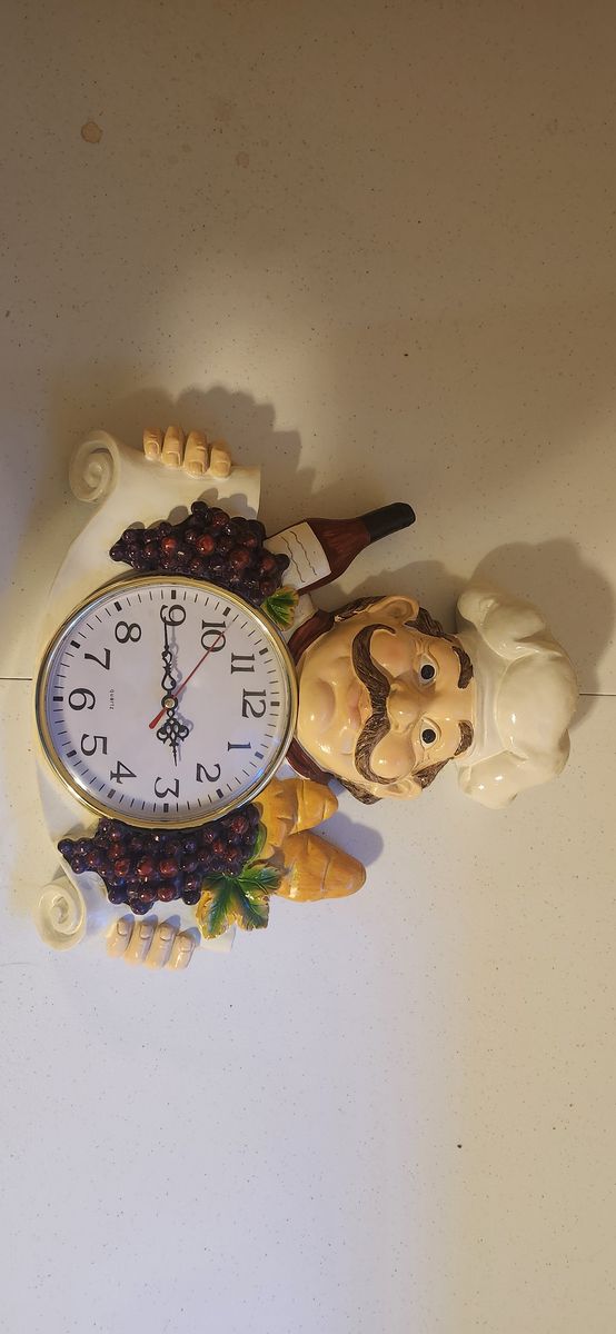 Fat Chef, kitchen decor set, Cookie Jar, Wall Clock, Canister, valances and pictures. 