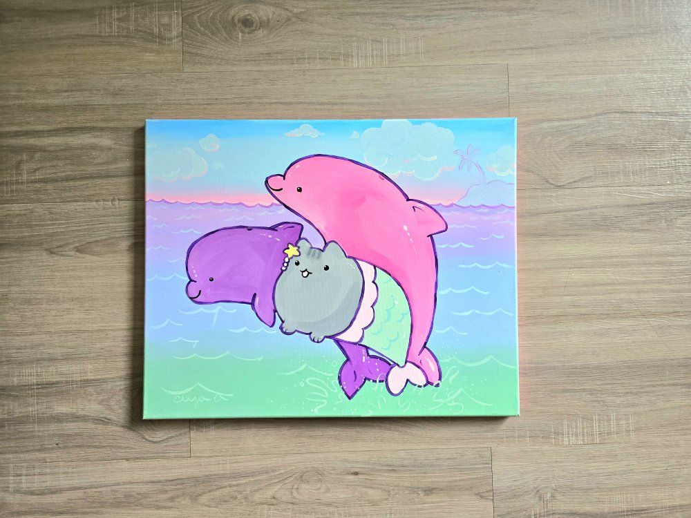 Hand-painted Pusheen Mermaid & Dolphins Canvas Art, Cute Fantasy Original Painting