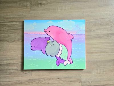 Hand-painted Pusheen Mermaid & Dolphins Canvas Art, Cute Fantasy Original Painting