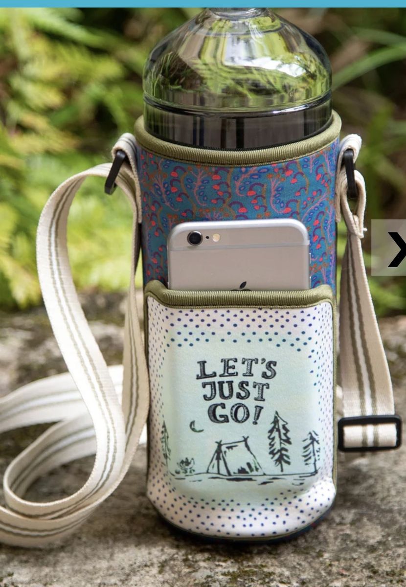 Water Bottle Holder with Phone Pocket & Adjustable Strap - Blue Paisley/Camping Design
