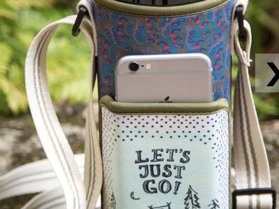 Water Bottle Holder with Phone Pocket & Adjustable Strap - Blue Paisley/Camping Design