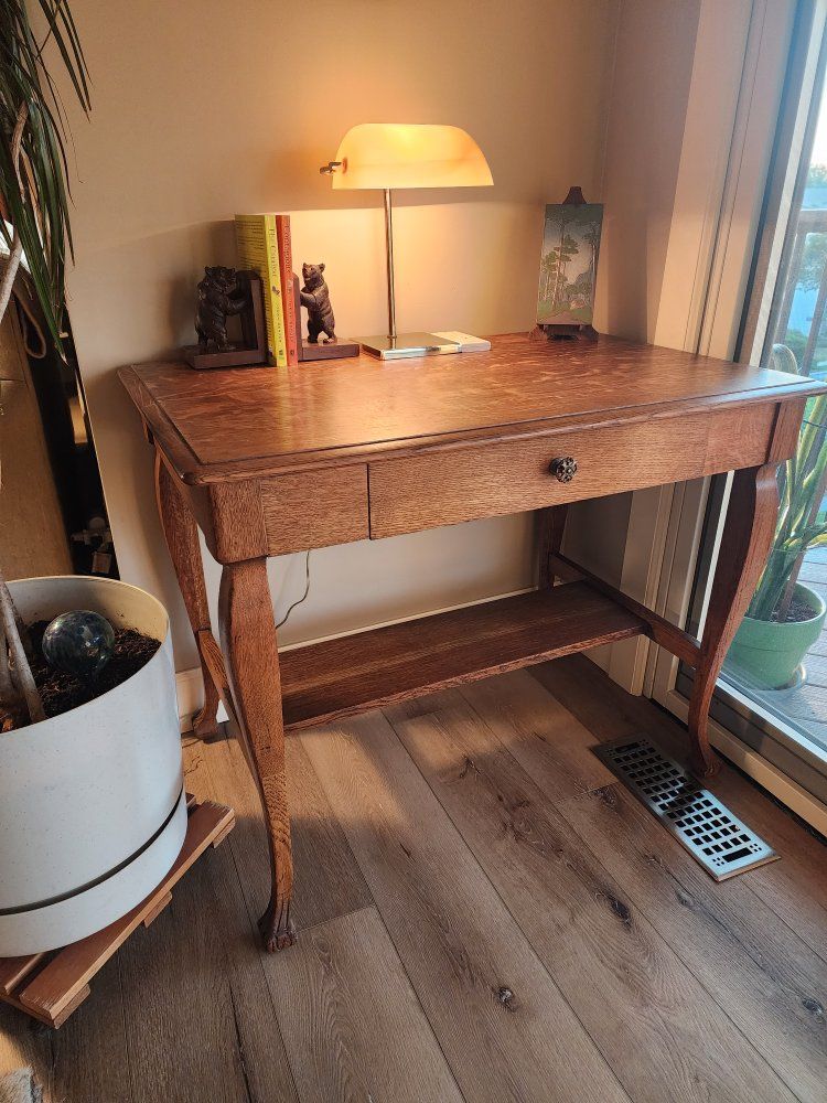 Antique Tiger Oak Writing Desk with Single Drawer and Claw Feet