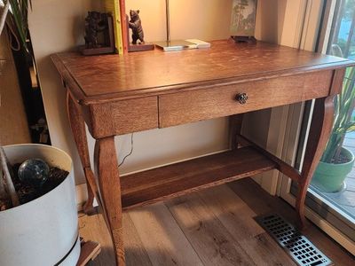 Antique Tiger Oak Writing Desk with Single Drawer and Claw Feet