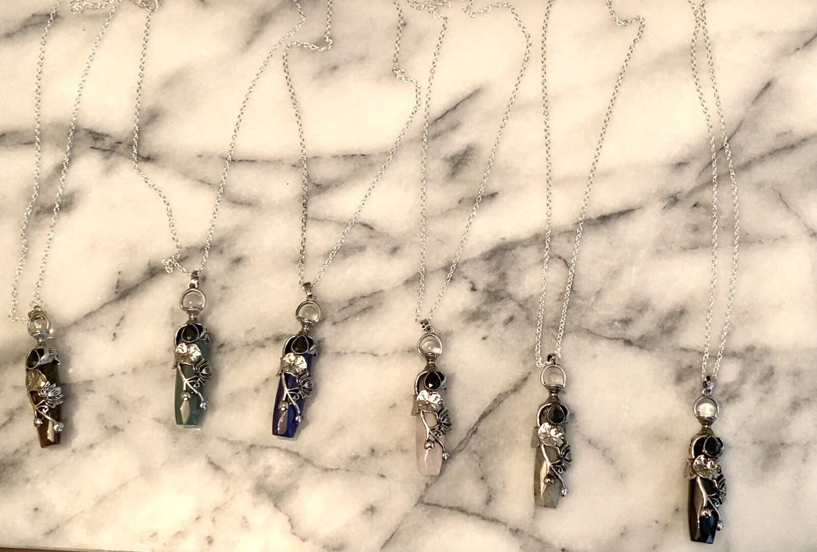 NEW - Gorgeous Gemstones + Crystal + Antique Silver Pendant Necklace - Very Unique - C ALL PICS