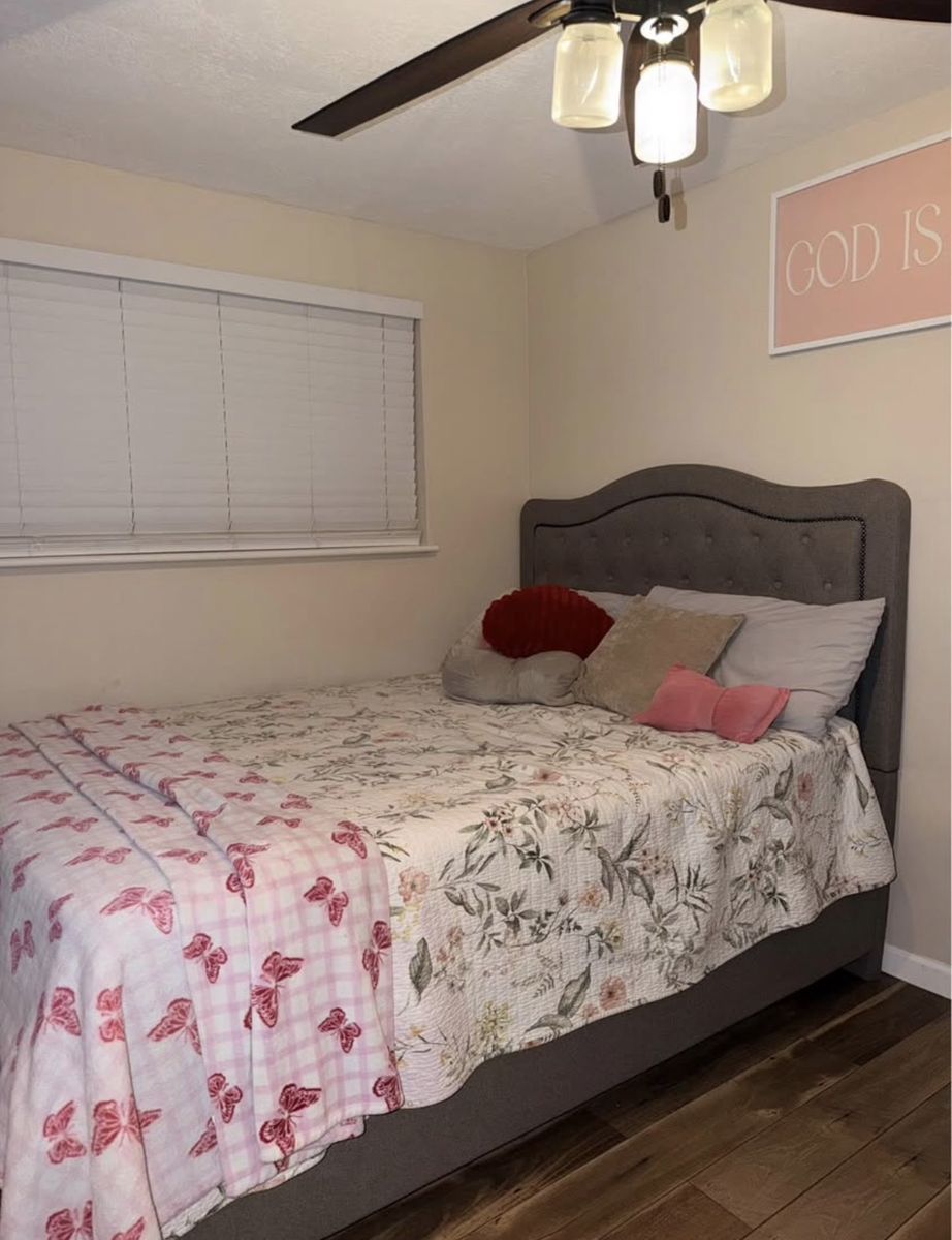 Queen Size Bed Frame with Tufted Headboard - Gray Fabric, Gently Used