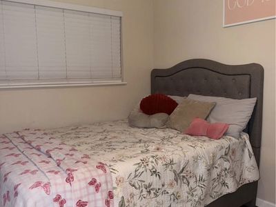 Queen Size Bed Frame with Tufted Headboard - Gray Fabric, Gently Used