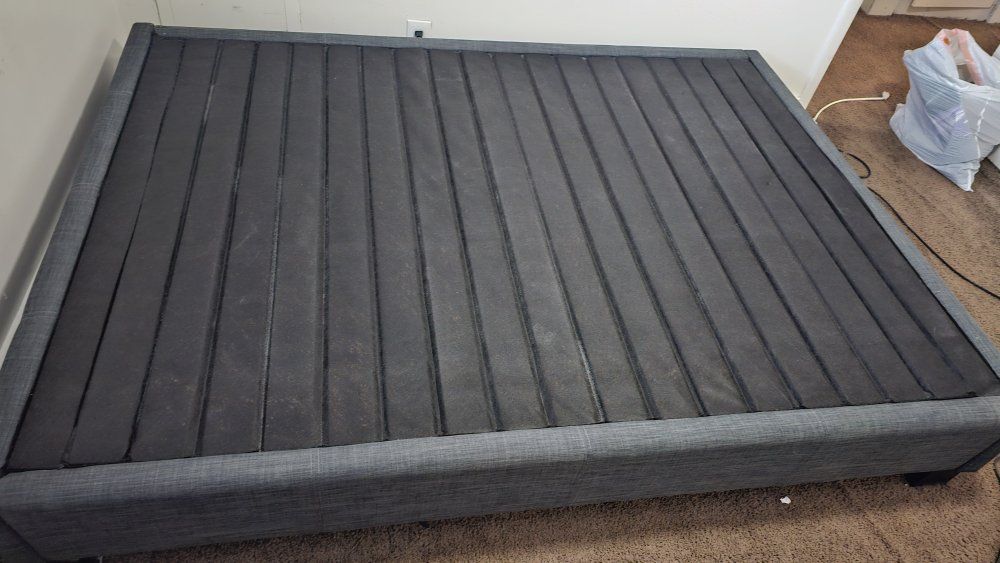 Full Size Platform Bed Frame - Gray Fabric Upholstered with Wood Slats