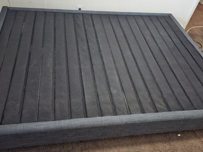 Full Size Platform Bed Frame - Gray Fabric Upholstered with Wood Slats