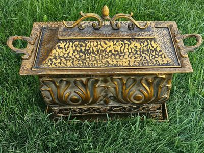 Decorative Ornate Gold and Black Metal Box with Lid and Matching Tray
23"Lx15"Hx11"W