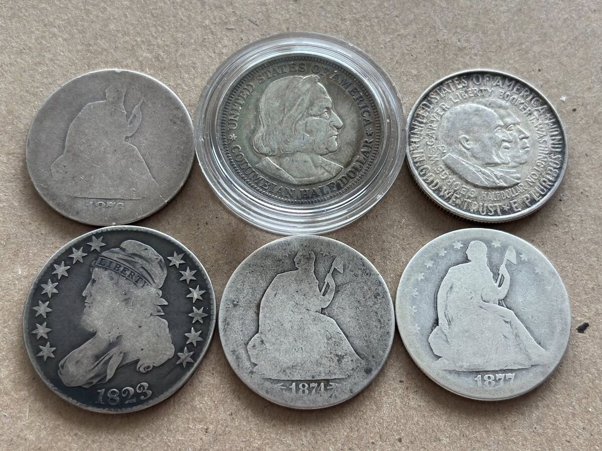 1876 seated halves, 1823 bust half, 1893 columbus