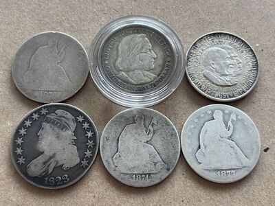 1876 seated halves, 1823 bust half, 1893 columbus
