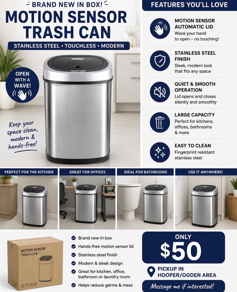 Motion Sensor Trash Can - Stainless Steel, Automatic Touchless Lid, Modern Design - Brand New In Box