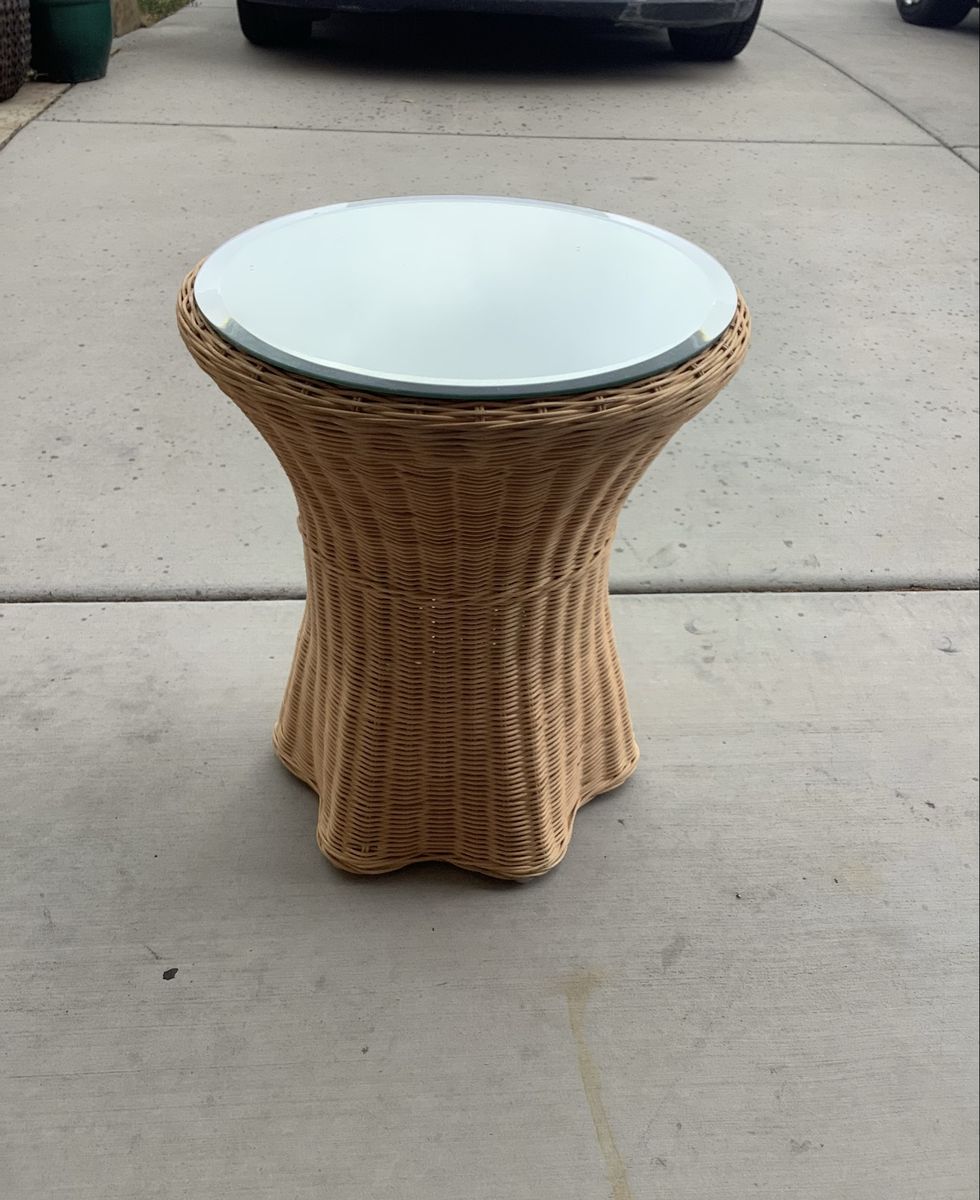 Side Table Round Glass Top End Table Natural Boho Accent