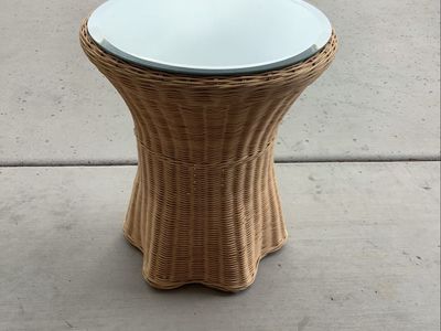 Side Table Round Glass Top End Table Natural Boho Accent