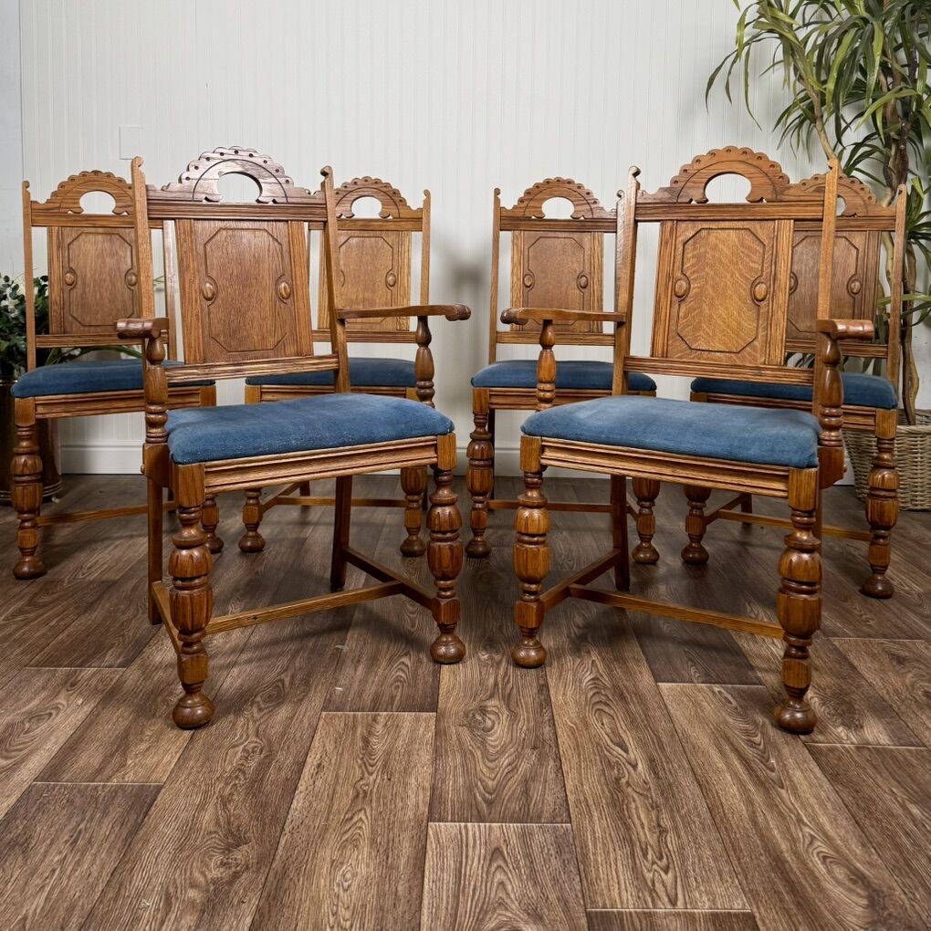 Antique Jacobean Revival Solid Oak Dining Chairs
