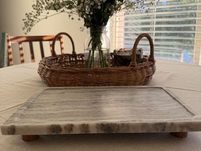 8"x12" Footed Marble Countertop Tray Warm Beige - Hearth & Hand™ with Magnolia: Acacia Wood Base, Rectangular Shape