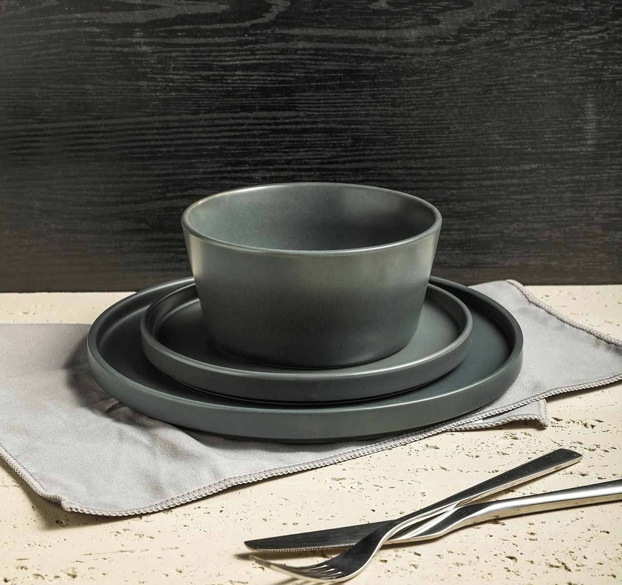 Dark Gray Ceramic Dinnerware Set - Plates & Bowls (Multiple Pieces)
