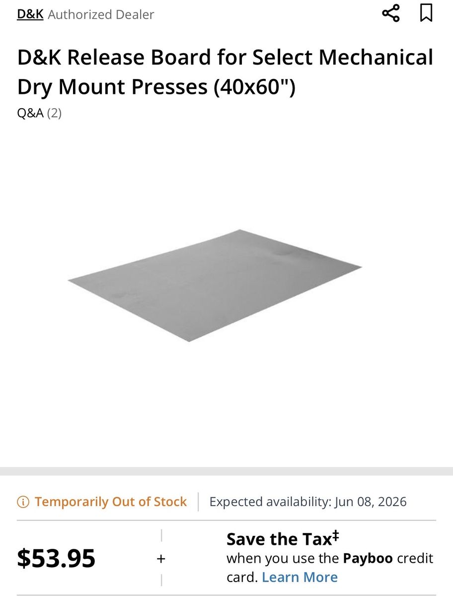 D&K Release Board for Select Mechanical Dry Mount Presses (40x60")