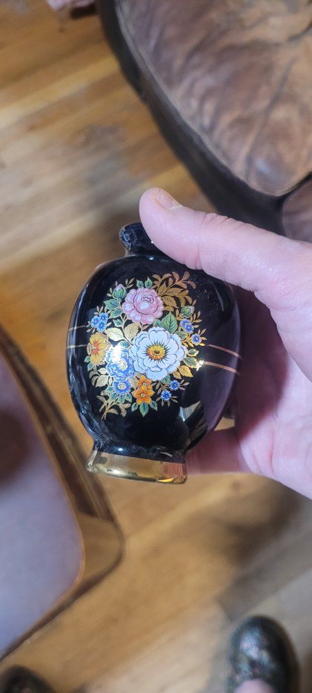 Vintage Black &24 kt Gold Floral Mini Vase from Greece - Decorative Porcelain Bud Vase, Collectible