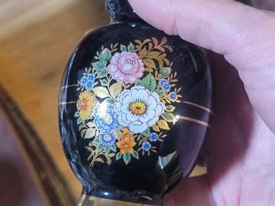 Vintage Black &24 kt Gold Floral Mini Vase from Greece - Decorative Porcelain Bud Vase, Collectible