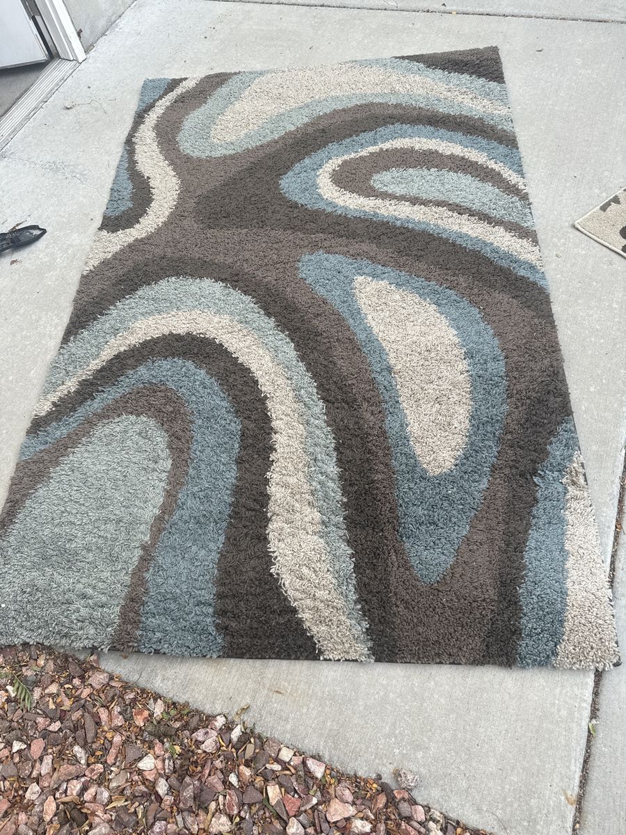 5x8 Rug Abstract Swirl Area Rug - Brown, Blue, Cream Shag - Used