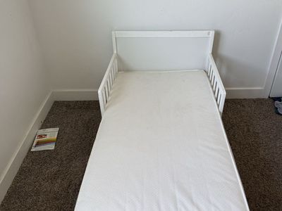 White Wooden Toddler Bed Frame with Mattress & Safety Guardrails